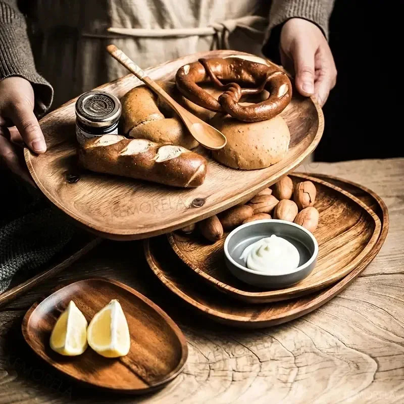 Solid Wood Round Dinner Plate Handmade High-quality Tableware for Sushi Tea and Dessert, back view - House Of Avana