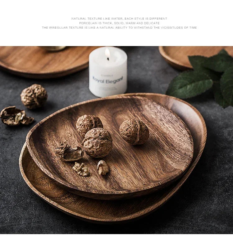 Solid Wood Round Dinner Plate Handmade High-quality Tableware for Sushi Tea and Dessert, alternate view - House Of Avana