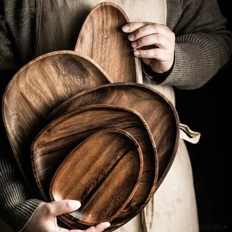 Solid Wood Round Dinner Plate Handmade High-quality Tableware for Sushi Tea and Dessert, side view - House Of Avana