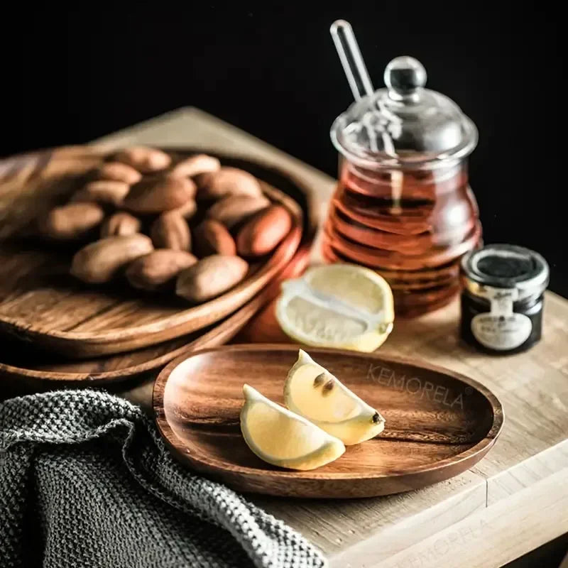 Solid Wood Round Dinner Plate Handmade High-quality Tableware for Sushi Tea and Dessert, lifestyle image - House Of Avana