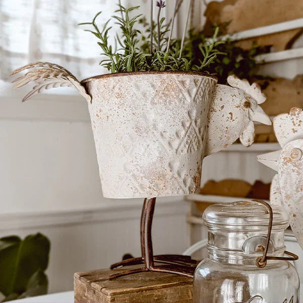 Distressed hen planter, rustic ceramic, outdoor ready - House of Avana