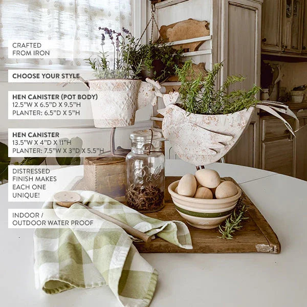 Distressed hen planter, rustic ceramic, outdoor ready - House of Avana