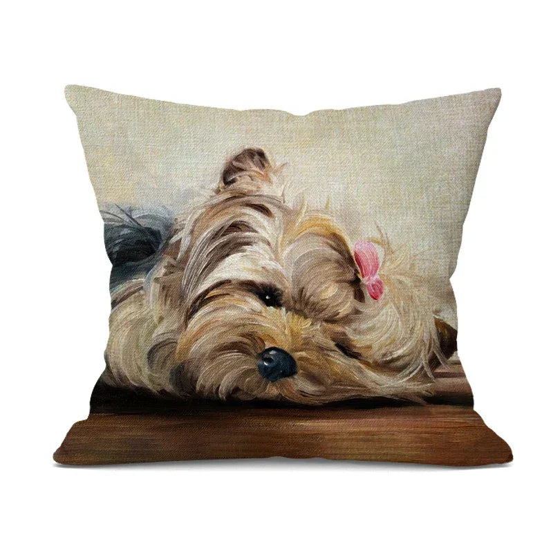 Linen bulldog pillow cover, hand-painted cute design, beige linen cushion - House of Avana