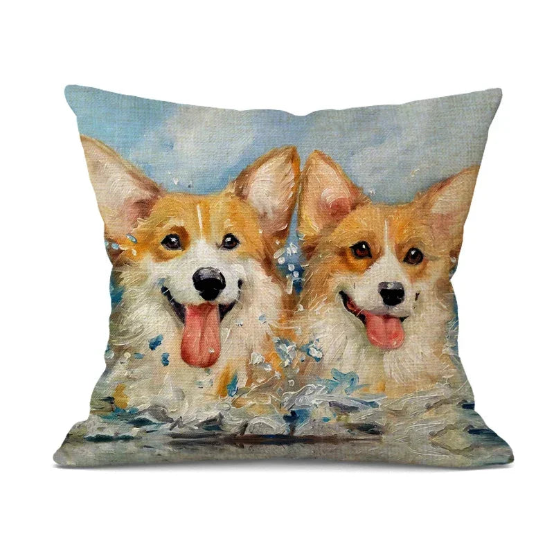 Linen bulldog pillow cover, hand-painted cute design, beige linen cushion - House of Avana