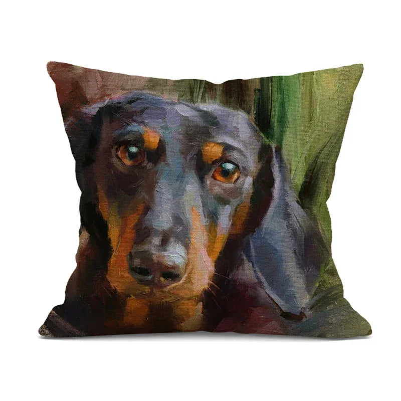 Linen bulldog pillow cover, hand-painted cute design, beige linen cushion - House of Avana