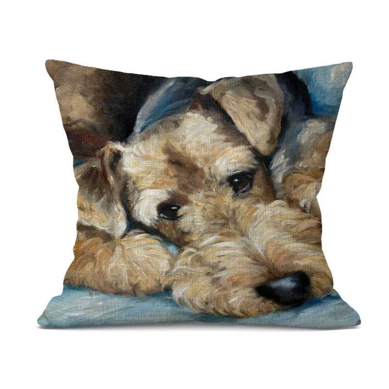Linen bulldog pillow cover, hand-painted cute design, beige linen cushion - House of Avana