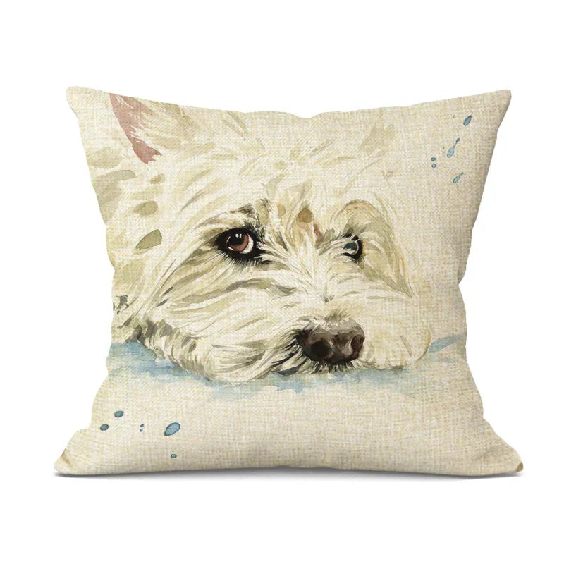Linen bulldog pillow cover, hand-painted cute design, beige linen cushion - House of Avana