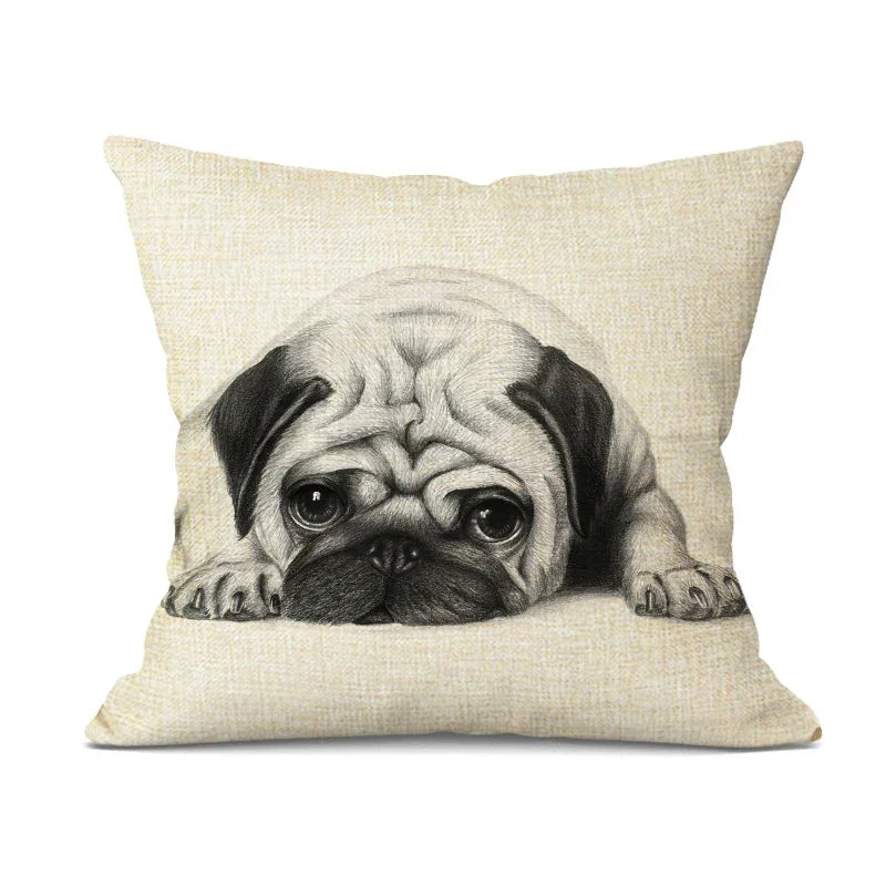 Linen bulldog pillow cover, hand-painted cute design, beige linen cushion - House of Avana