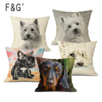Linen bulldog pillow cover, hand-painted cute design, beige linen cushion - House of Avana