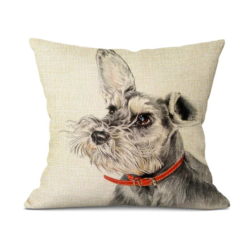 Linen bulldog pillow cover, hand-painted cute design, beige linen cushion - House of Avana