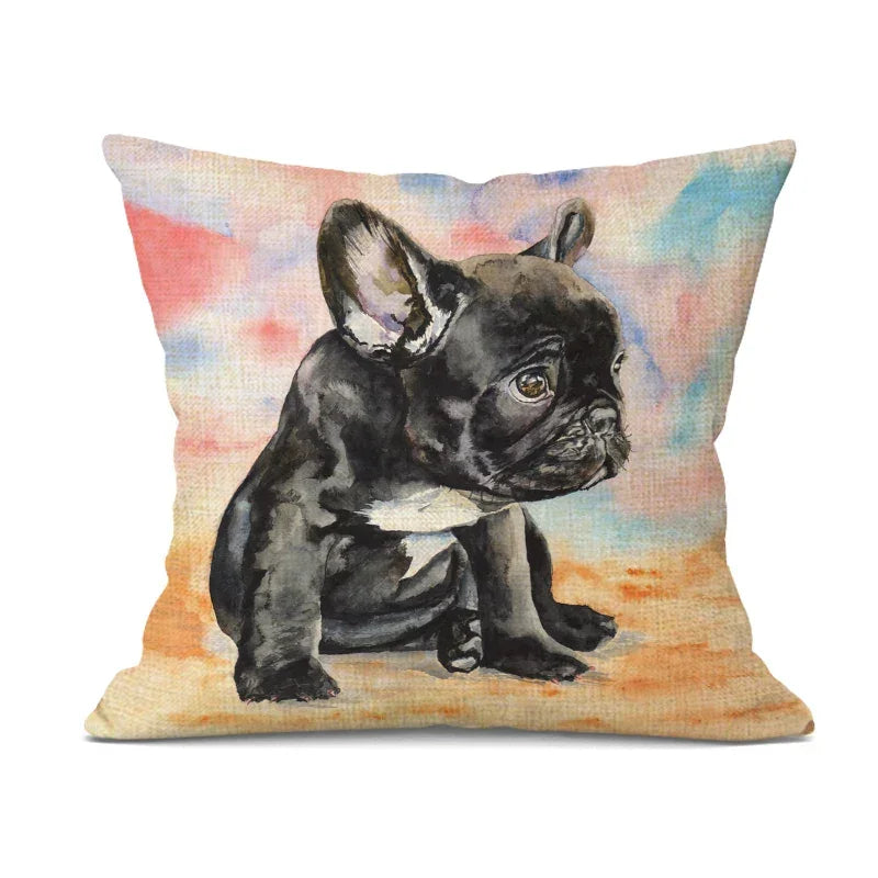 Linen bulldog pillow cover, hand-painted cute design, beige linen cushion - House of Avana