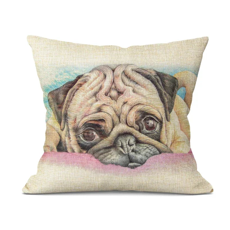 Linen bulldog pillow cover, hand-painted cute design, beige linen cushion - House of Avana