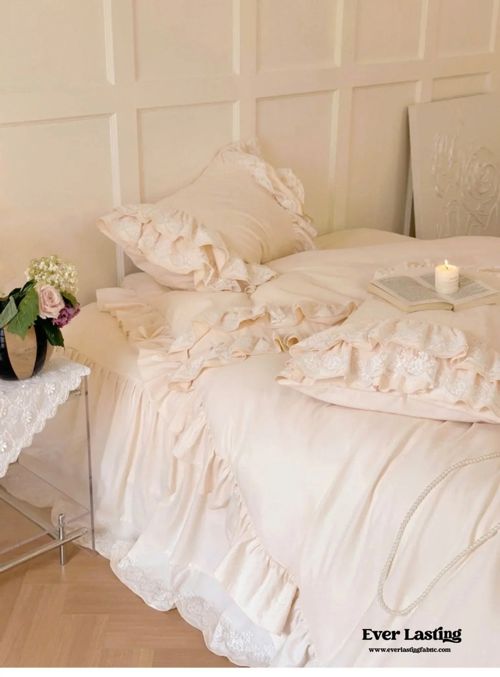 Double Lace Coquette Ruffle Bedding Set / Baby Pink Ever Lasting