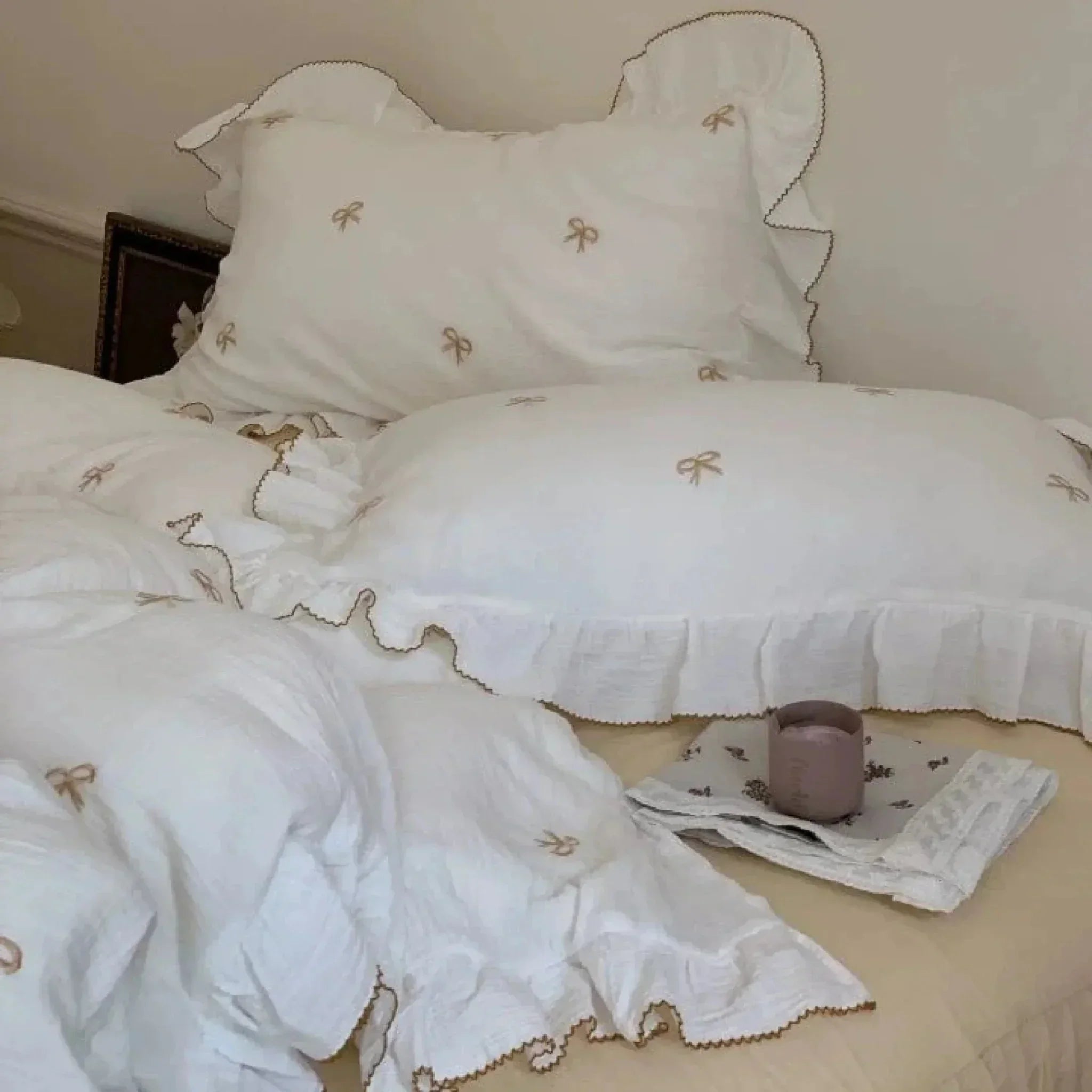 Double Layer Ribbon Tie White Ruffle Bedding Set Ever Lasting