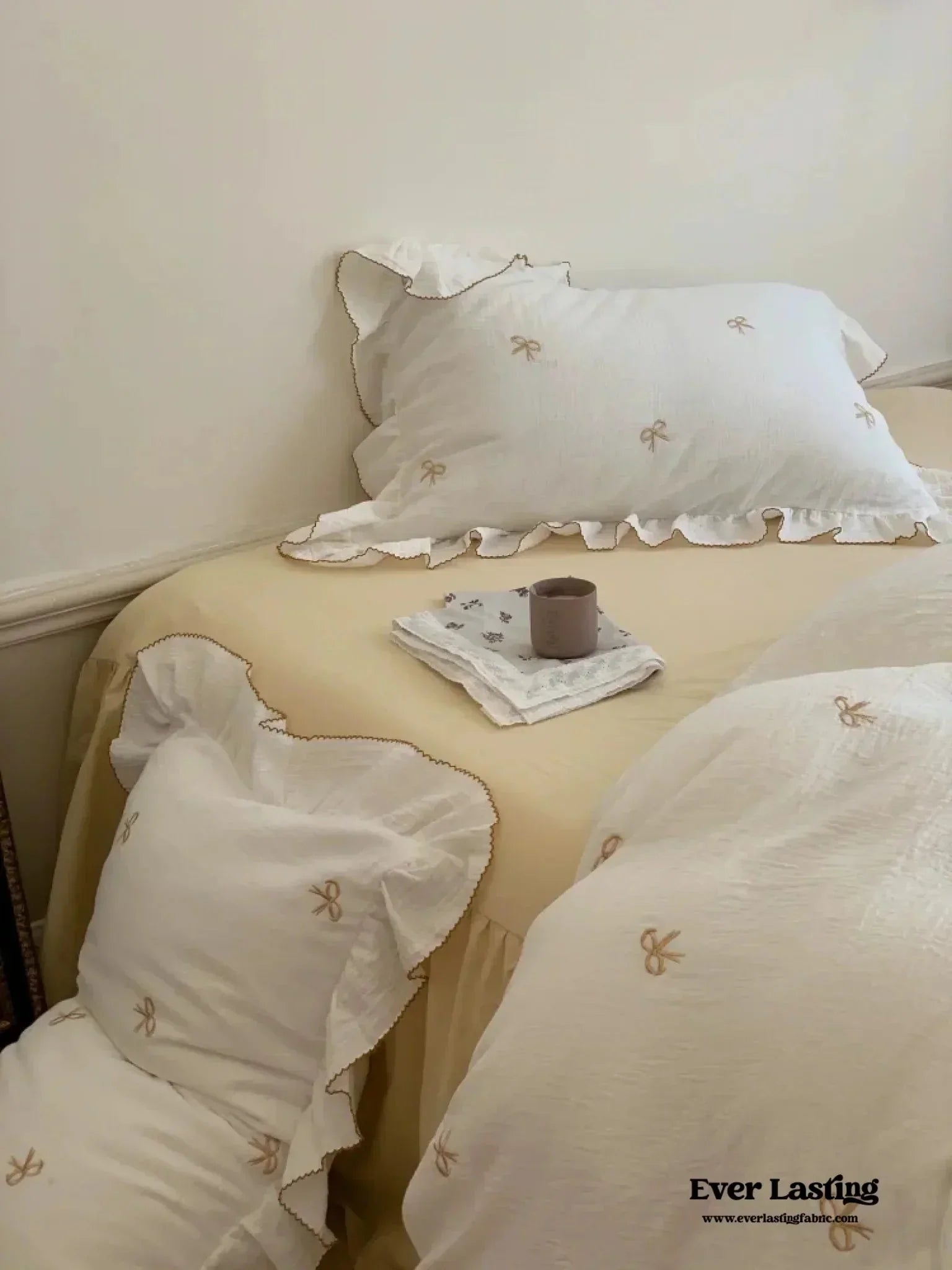 Double Layer Ribbon Tie White Ruffle Bedding Set Ever Lasting