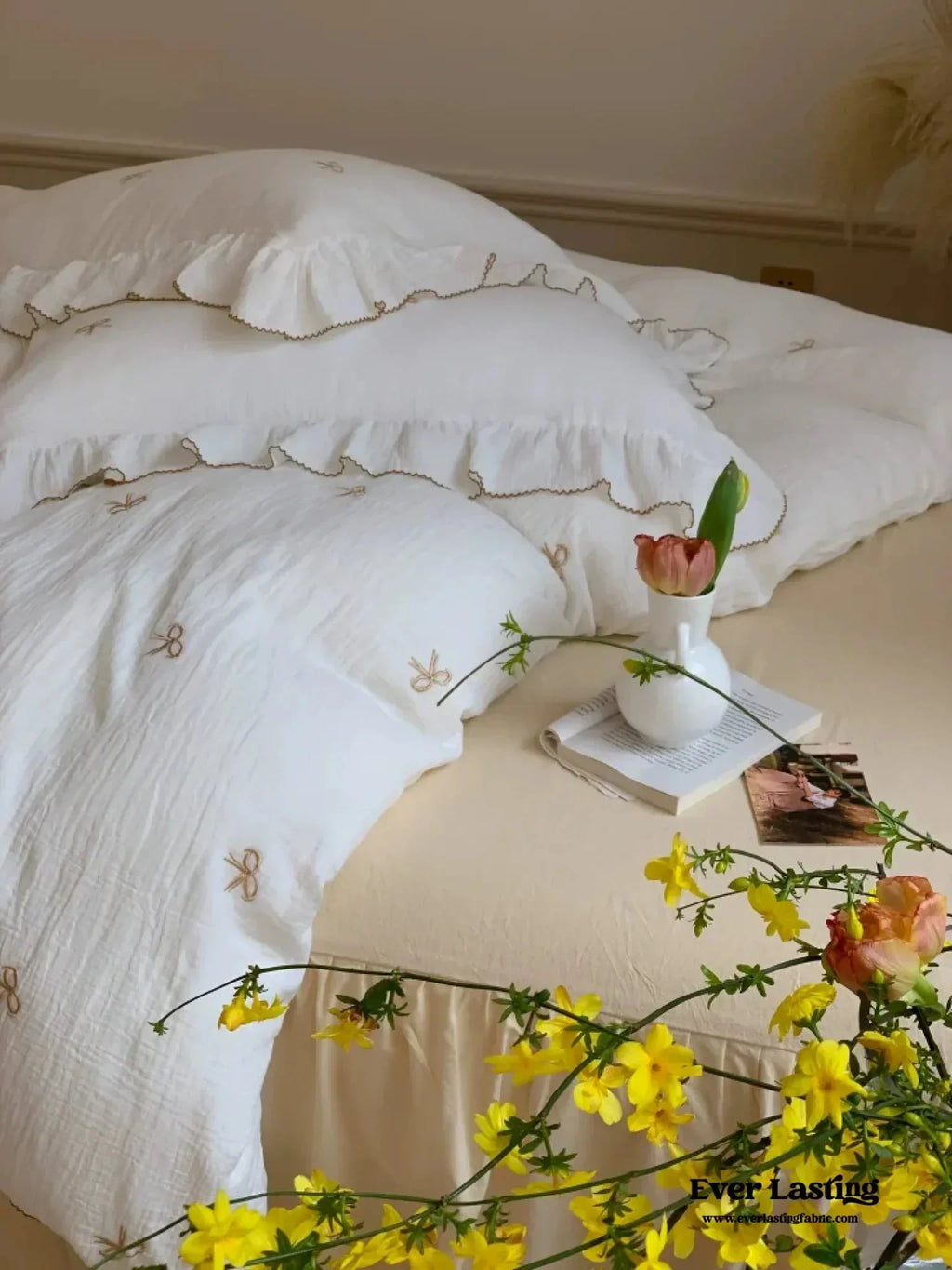 Double Layer Ribbon Tie White Ruffle Bedding Set Ever Lasting