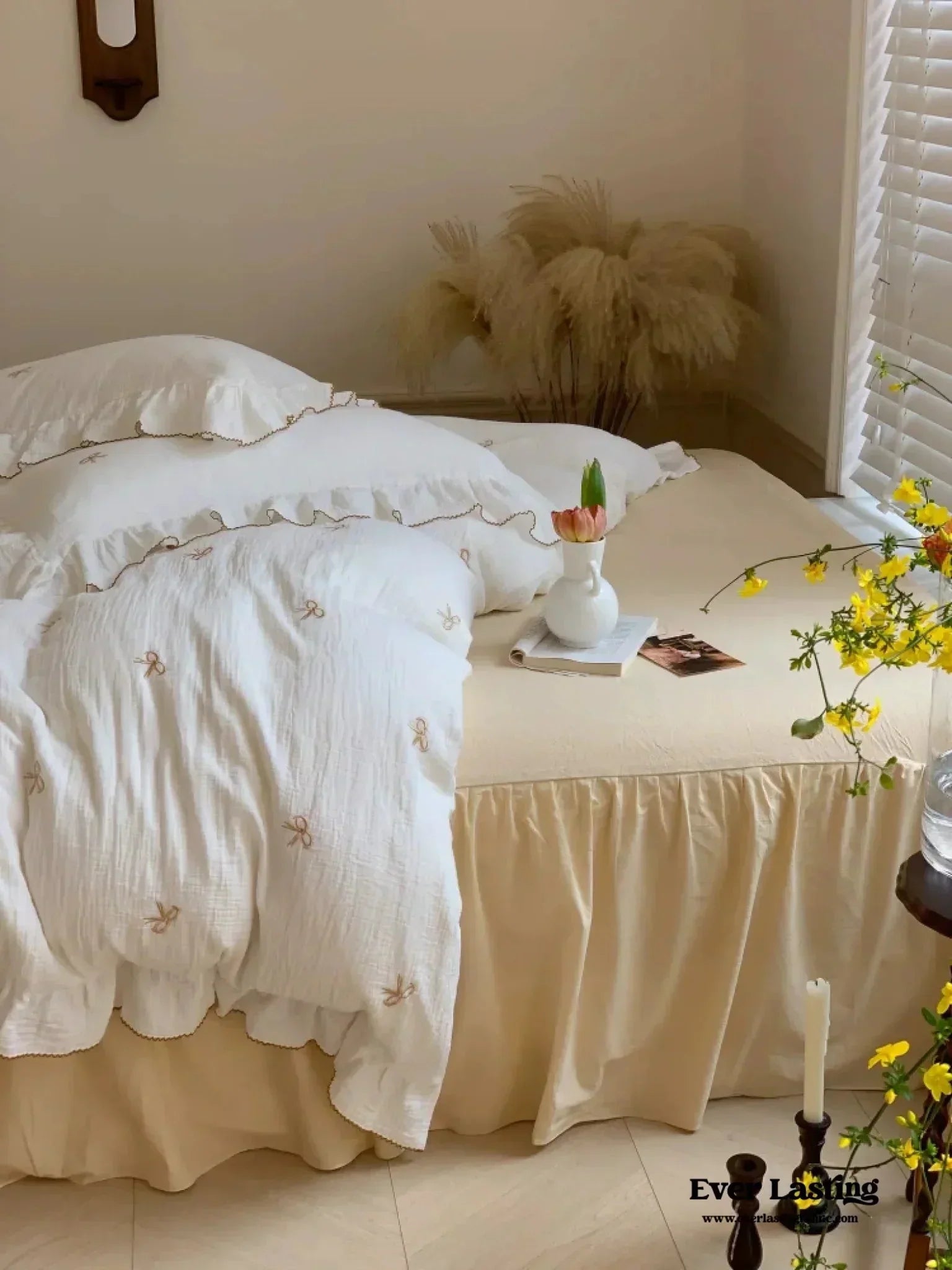 Double Layer Ribbon Tie White Ruffle Bedding Set Ever Lasting