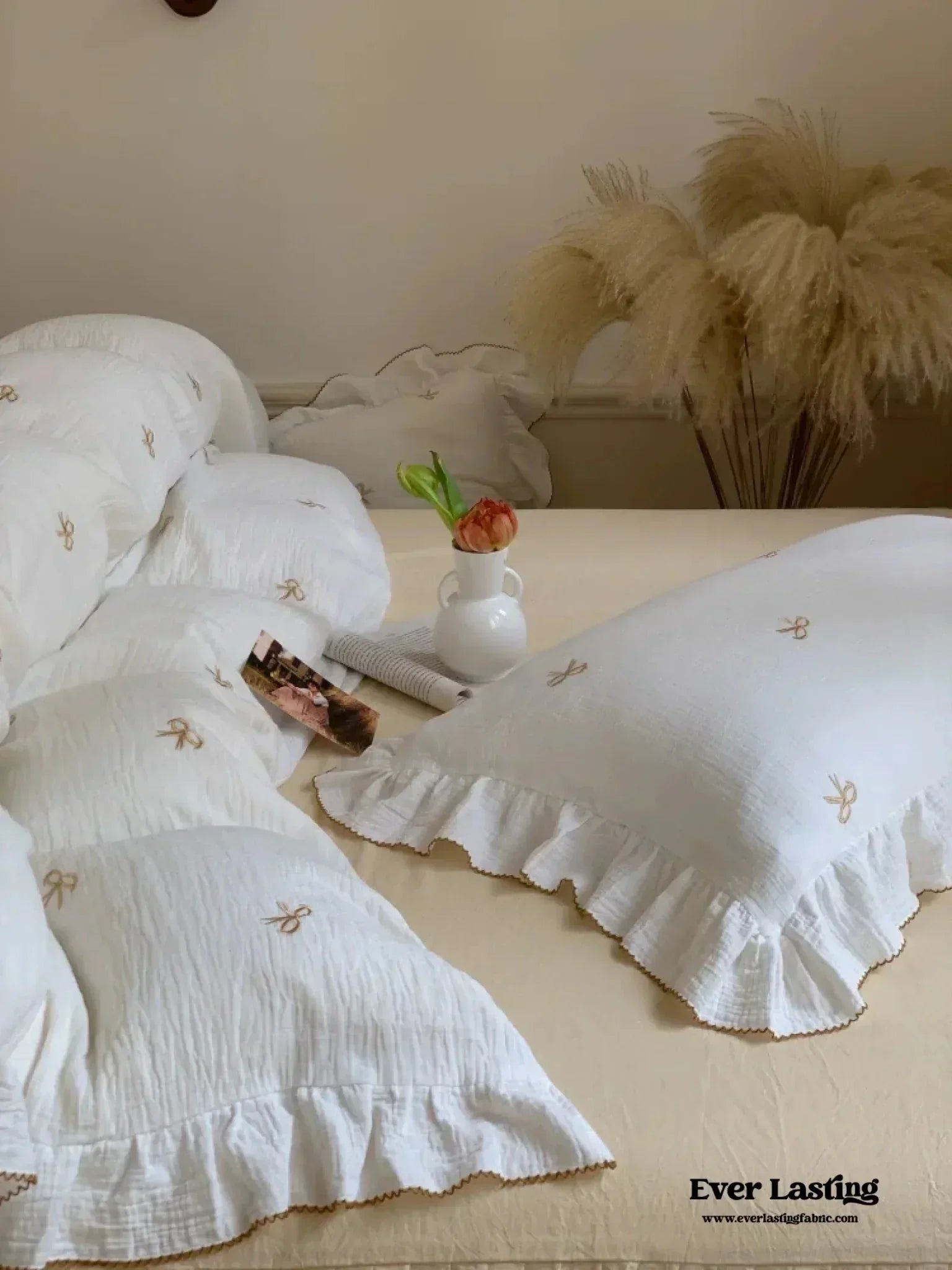 Double Layer Ribbon Tie White Ruffle Bedding Set Ever Lasting