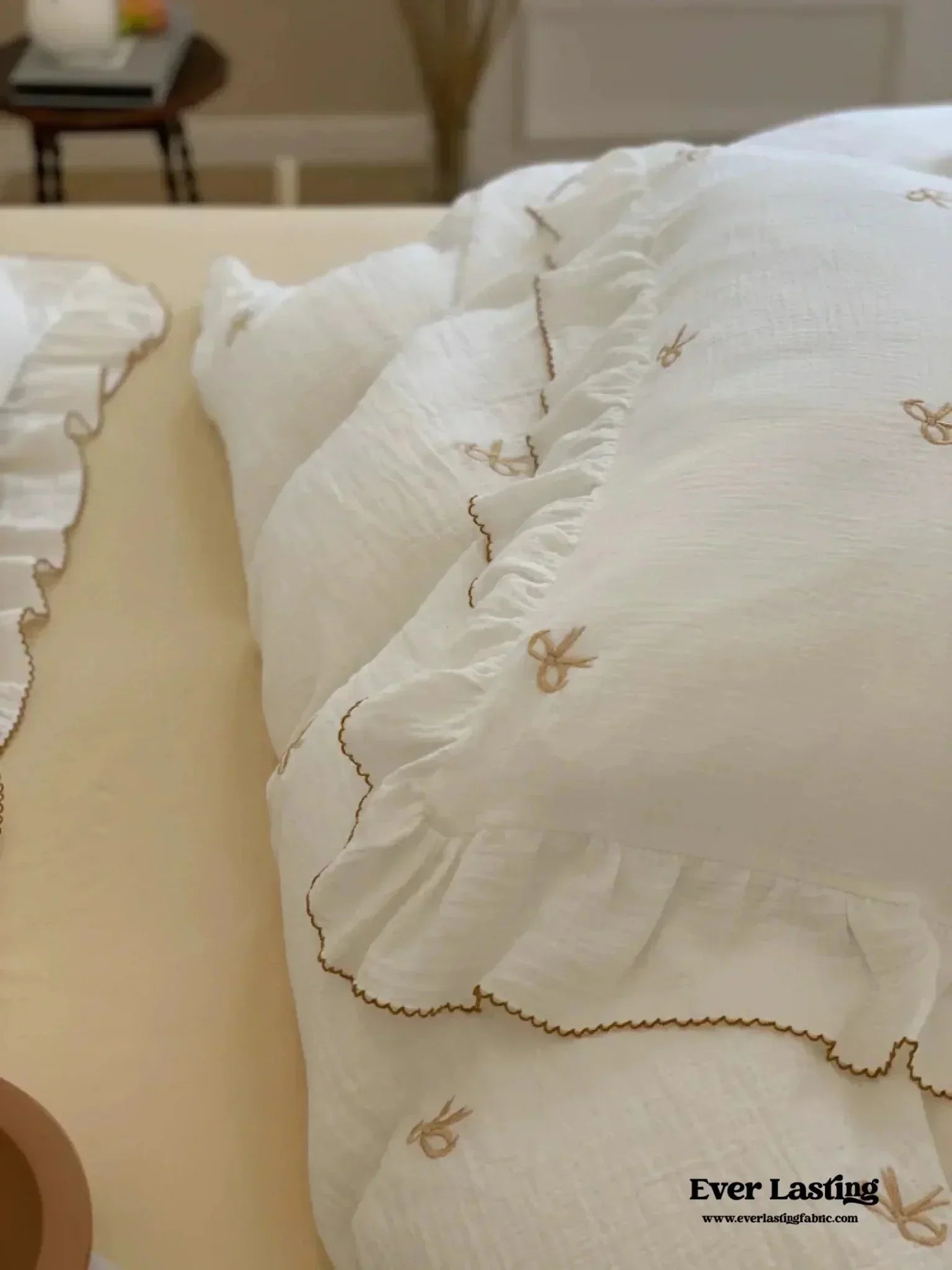 Double Layer Ribbon Tie White Ruffle Bedding Set Ever Lasting