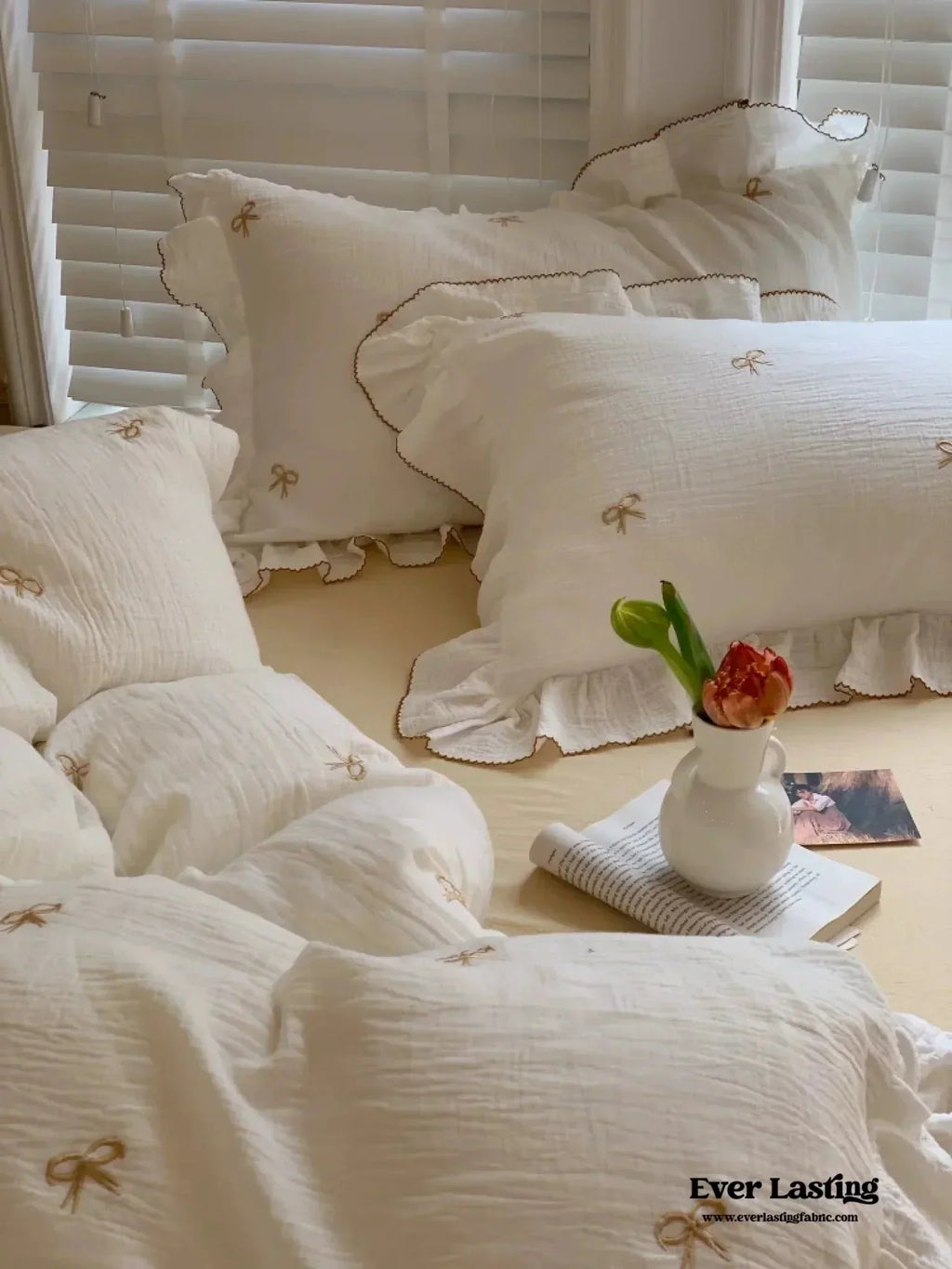 Double Layer Ribbon Tie White Ruffle Bedding Set Ever Lasting