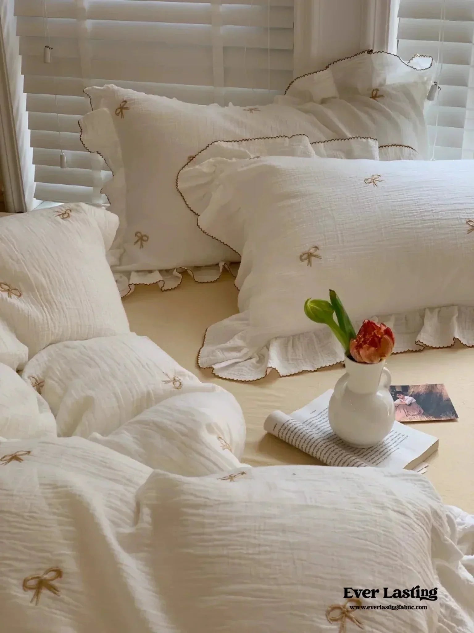 Double Layer Ribbon Tie White Ruffle Bedding Set Ever Lasting