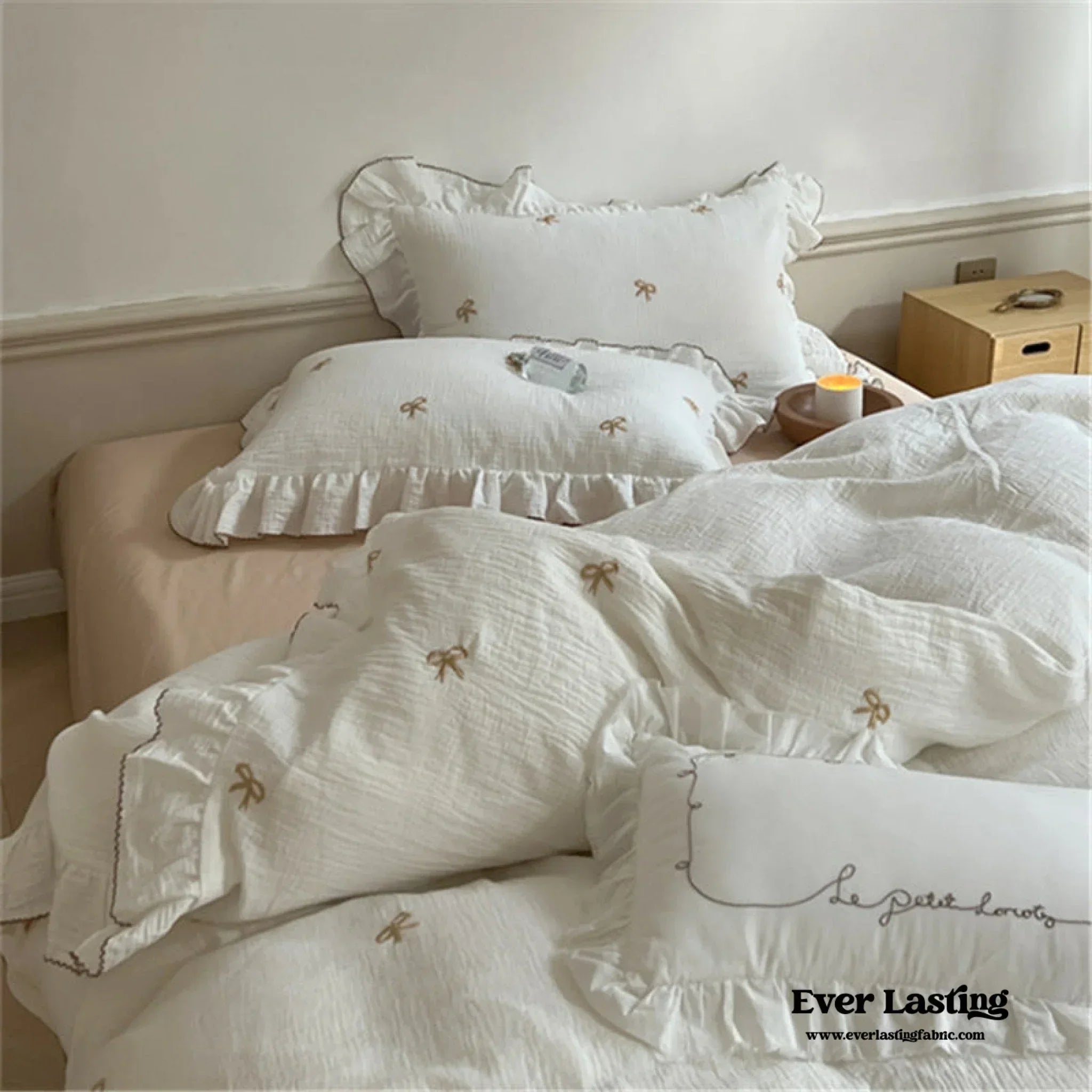 Double Layer Ribbon Tie White Ruffle Bedding Set Ever Lasting