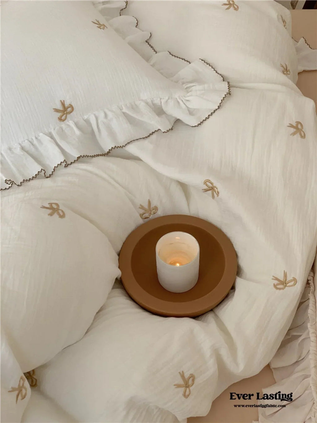 Double Layer Ribbon Tie White Ruffle Bedding Set Ever Lasting