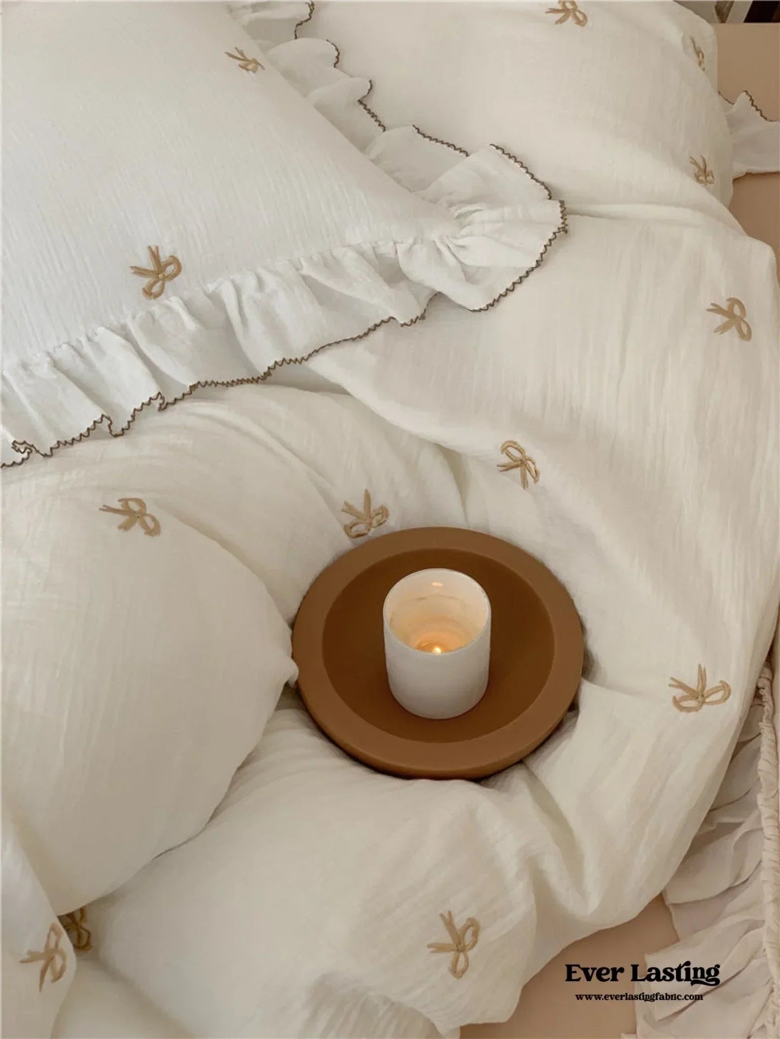 Double Layer Ribbon Tie White Ruffle Bedding Set Ever Lasting