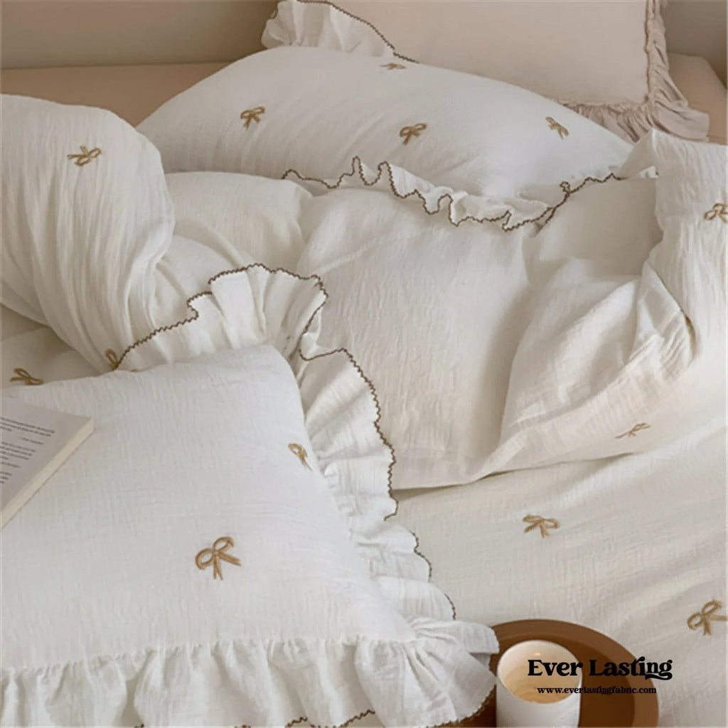Double Layer Ribbon Tie White Ruffle Bedding Set Ever Lasting