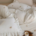 Double Layer Ribbon Tie White Ruffle Bedding Set Ever Lasting