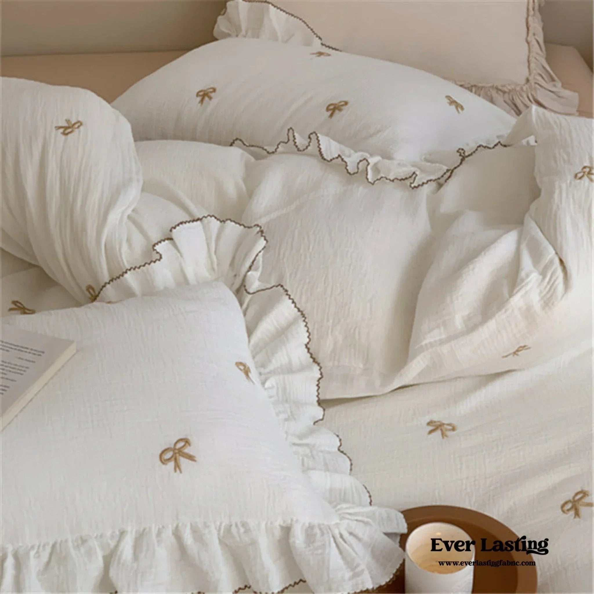 Double Layer Ribbon Tie White Ruffle Bedding Set Ever Lasting