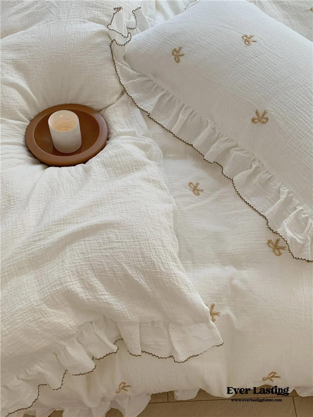 Double Layer Ribbon Tie White Ruffle Bedding Set Ever Lasting