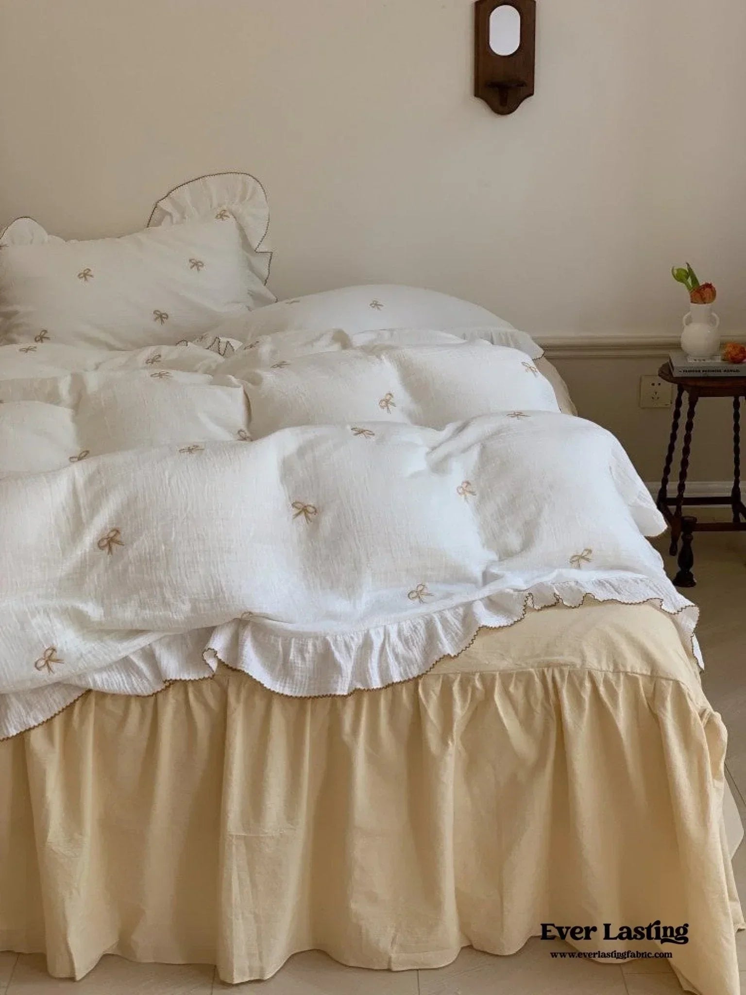 Double Layer Ribbon Tie White Ruffle Bedding Set Ever Lasting