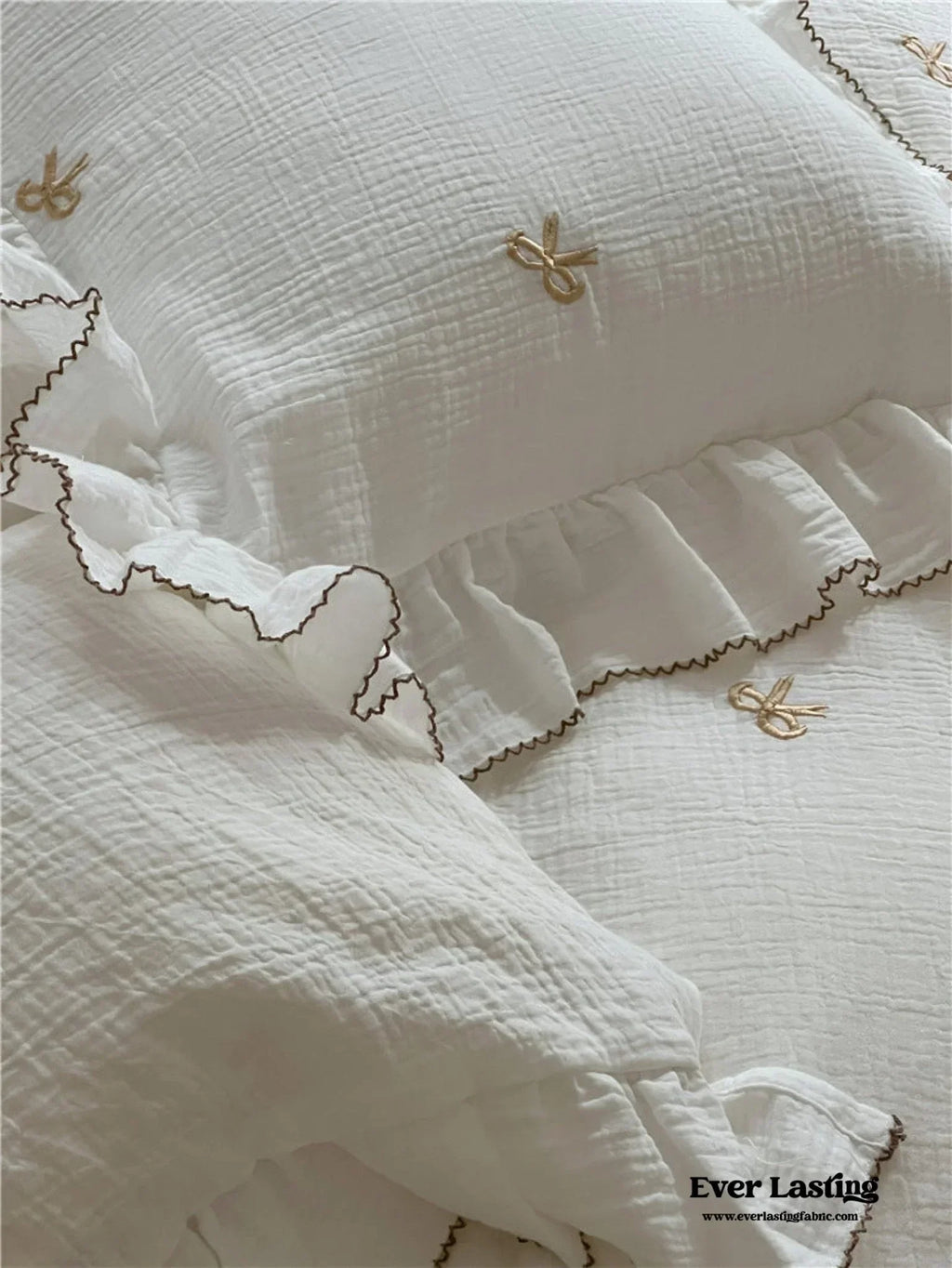 Double Layer Ribbon Tie White Ruffle Bedding Set Ever Lasting