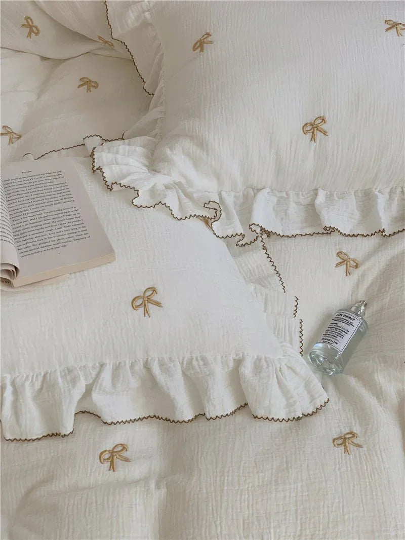 Double Layer Ribbon Tie White Ruffle Bedding Set Ever Lasting