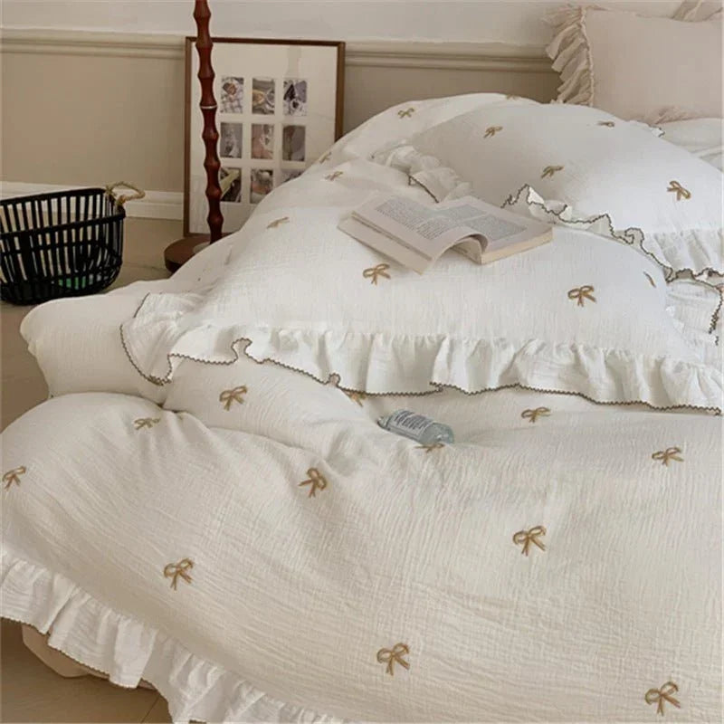 Double Layer Ribbon Tie White Ruffle Bedding Set Ever Lasting