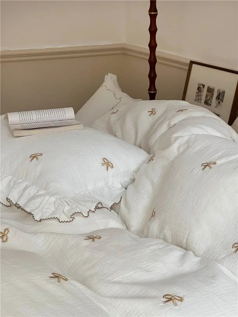 Double Layer Ribbon Tie White Ruffle Bedding Set Ever Lasting
