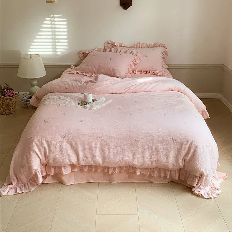 Double Layer Ribbon Tie White Ruffle Bedding Set Ever Lasting