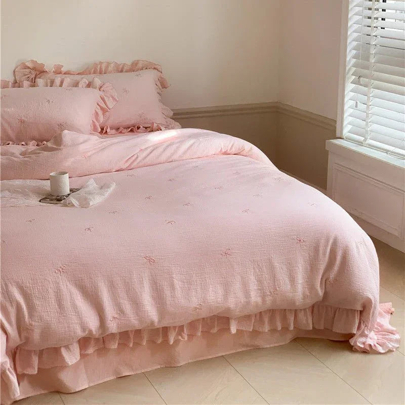 Double Layer Ribbon Tie White Ruffle Bedding Set Ever Lasting