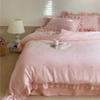 Double Layer Ribbon Tie White Ruffle Bedding Set Ever Lasting