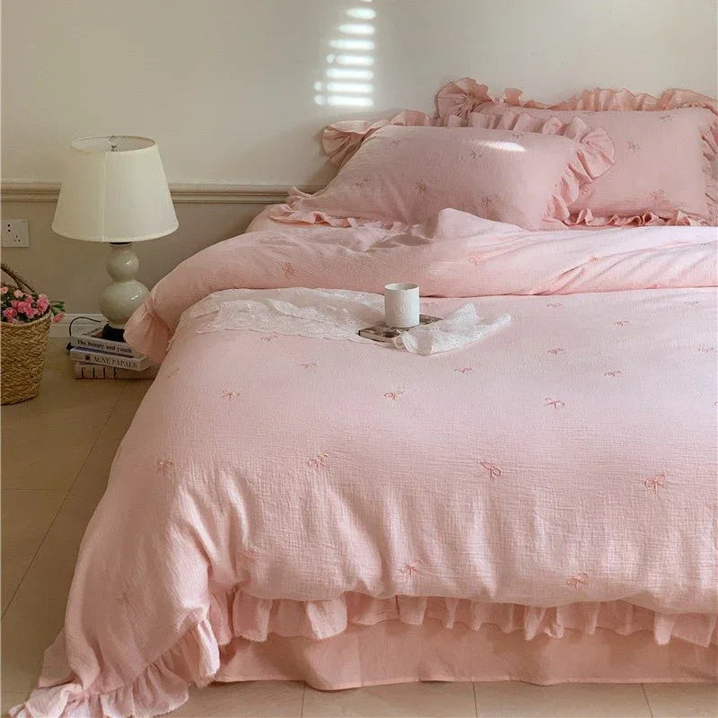 Double Layer Ribbon Tie White Ruffle Bedding Set Ever Lasting