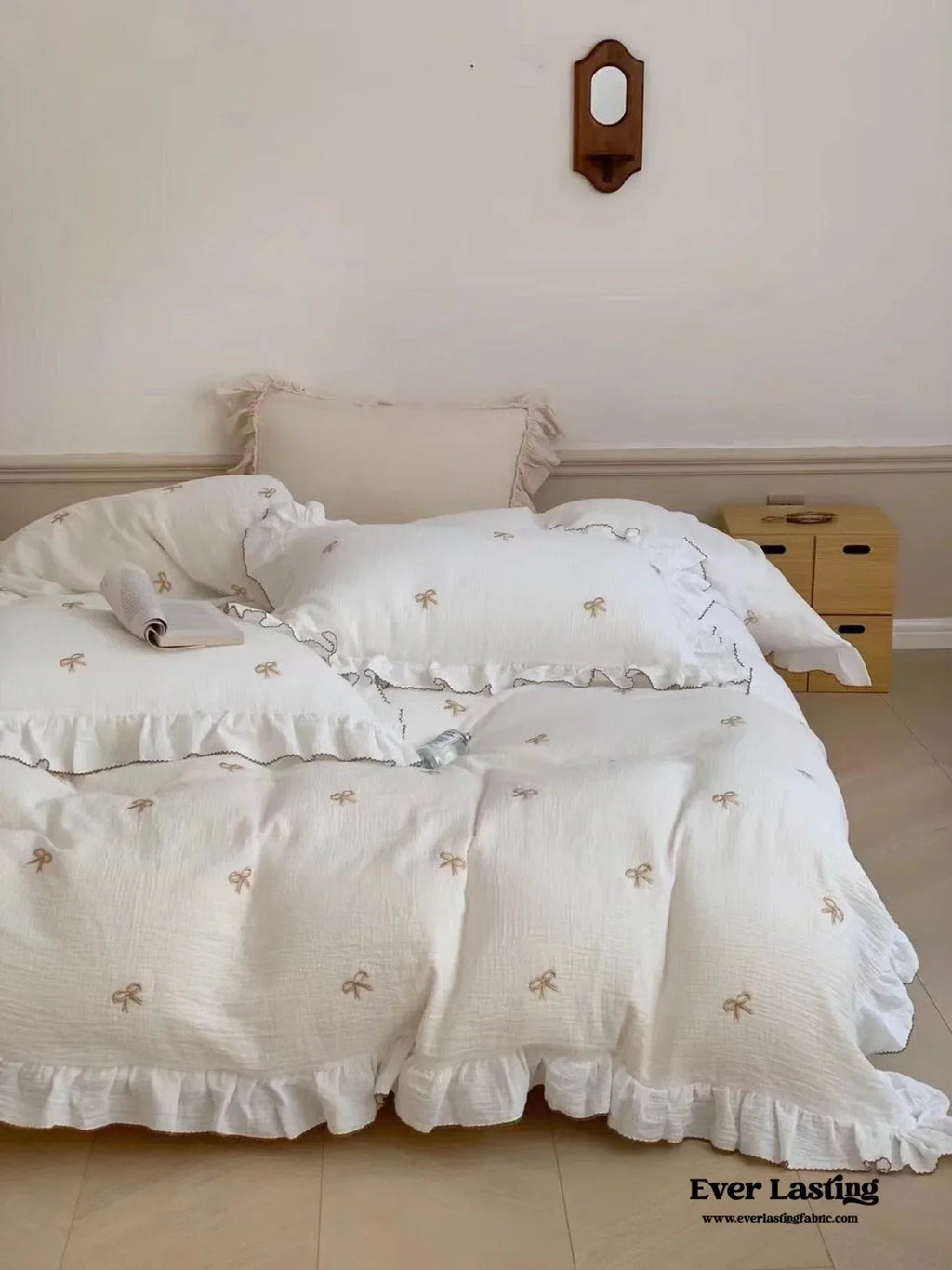 Double Layer Ribbon Tie White Ruffle Bedding Set Ever Lasting