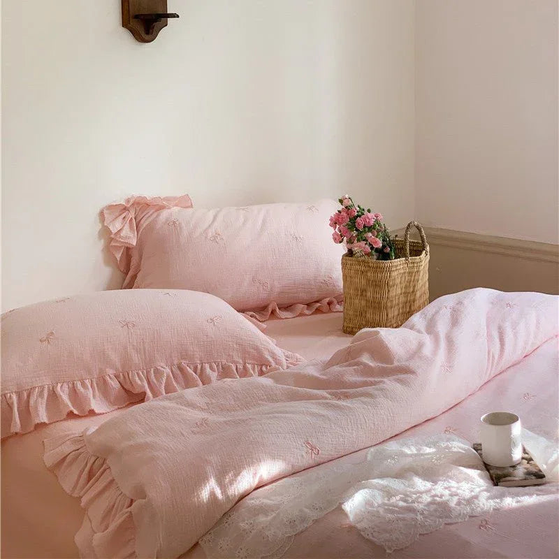 Double Layer Ribbon Tie White Ruffle Bedding Set Ever Lasting