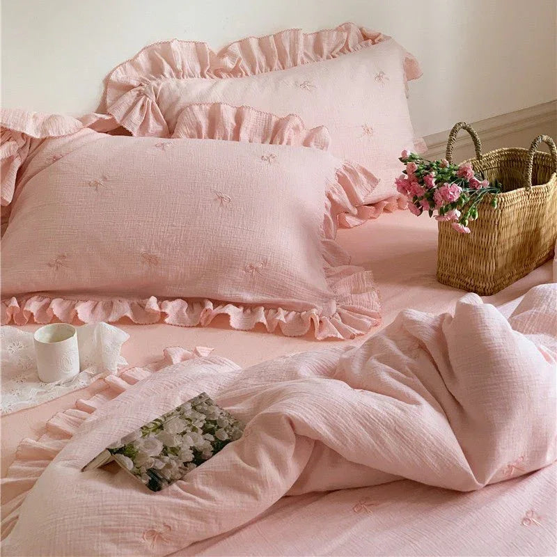 Double Layer Ribbon Tie White Ruffle Bedding Set Ever Lasting