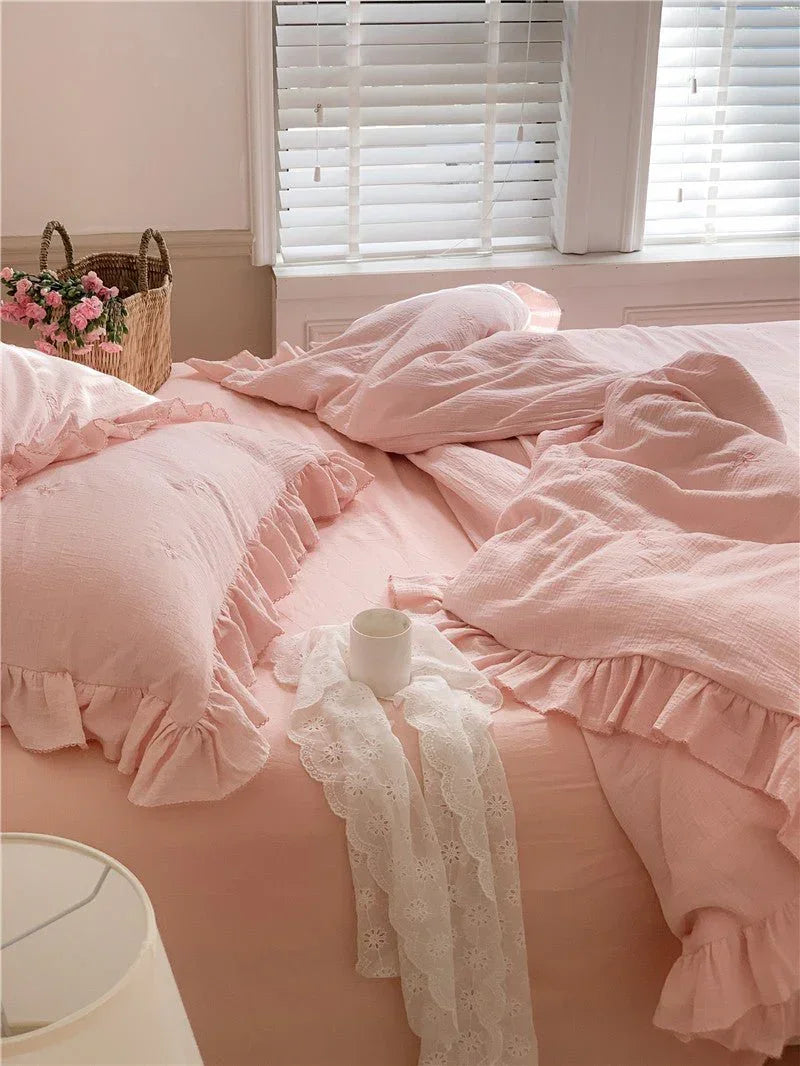 Double Layer Ribbon Tie White Ruffle Bedding Set Ever Lasting