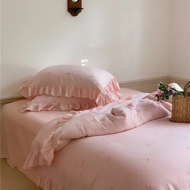 Double Layer Ribbon Tie White Ruffle Bedding Set Ever Lasting