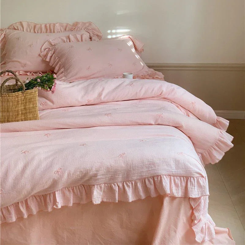 Double Layer Ribbon Tie White Ruffle Bedding Set Ever Lasting