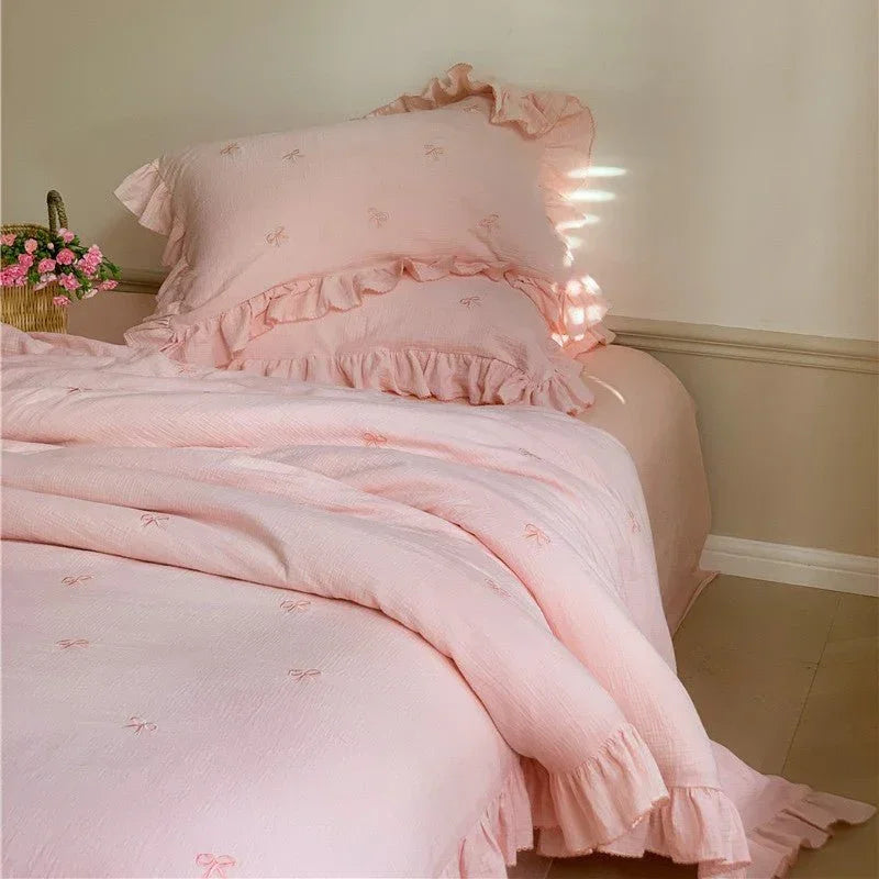 Double Layer Ribbon Tie White Ruffle Bedding Set Ever Lasting