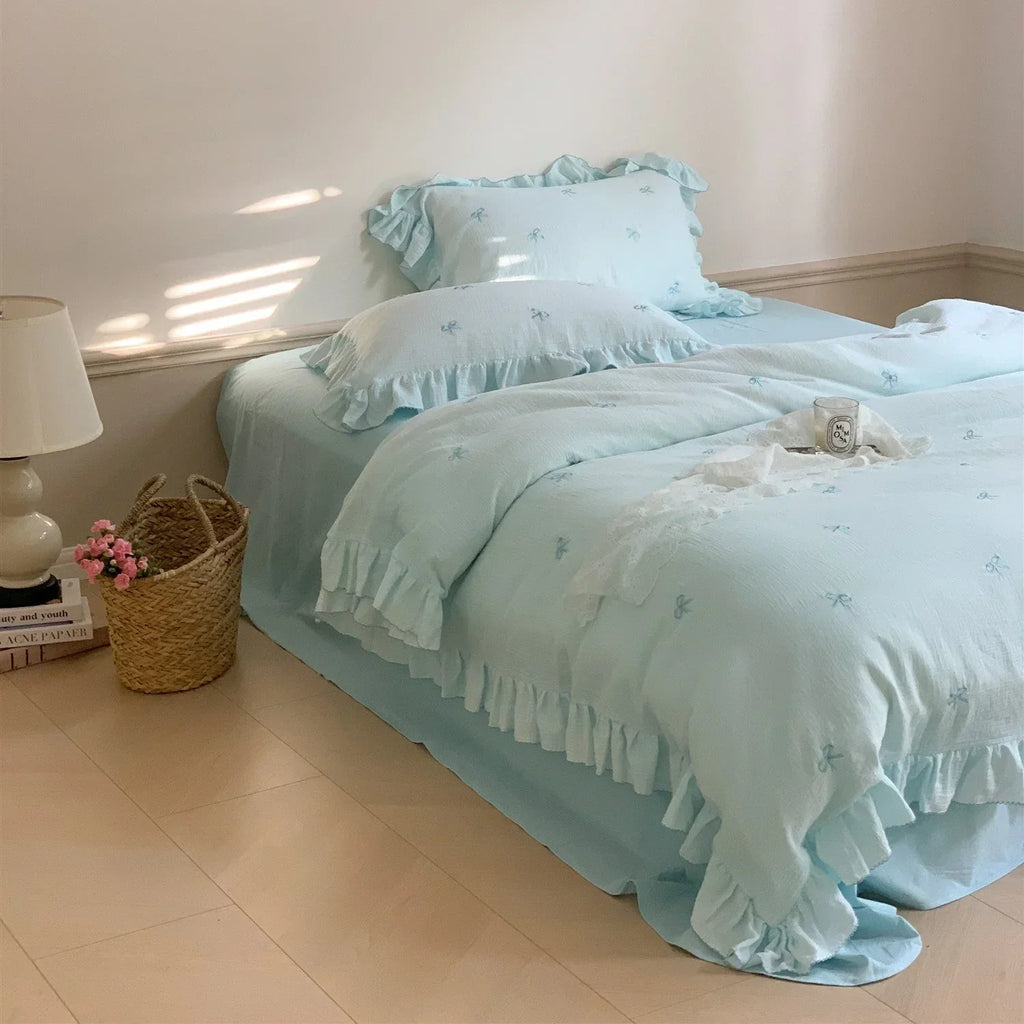 Double Layer Ribbon Tie White Ruffle Bedding Set Ever Lasting