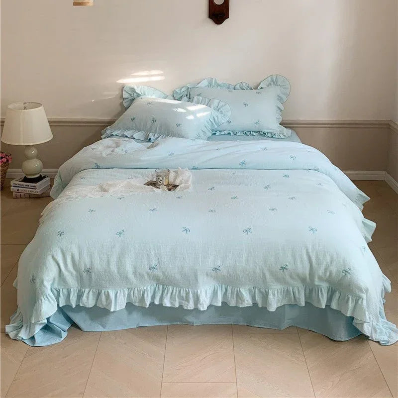 Double Layer Ribbon Tie White Ruffle Bedding Set Ever Lasting